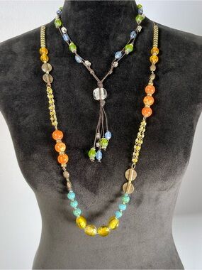Beaded Necklace Bundle Leather Green Blue Turquoise Lariat Boho Artsy Statement